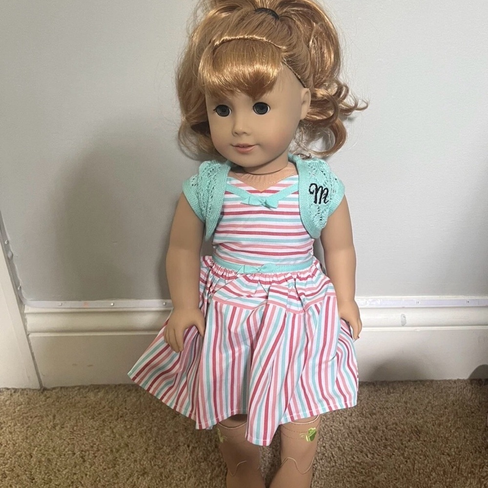 American Girl Doll in Pink Striped Dress with Mint Cardigan